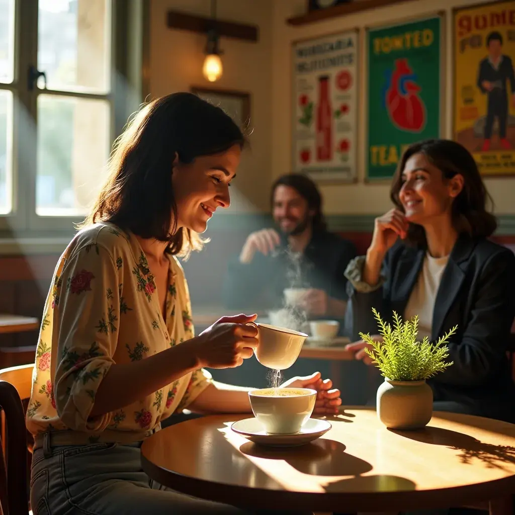 Illatos gyógynövények szépen elrendezve egy tányéron, mellettük egy pohár tea.