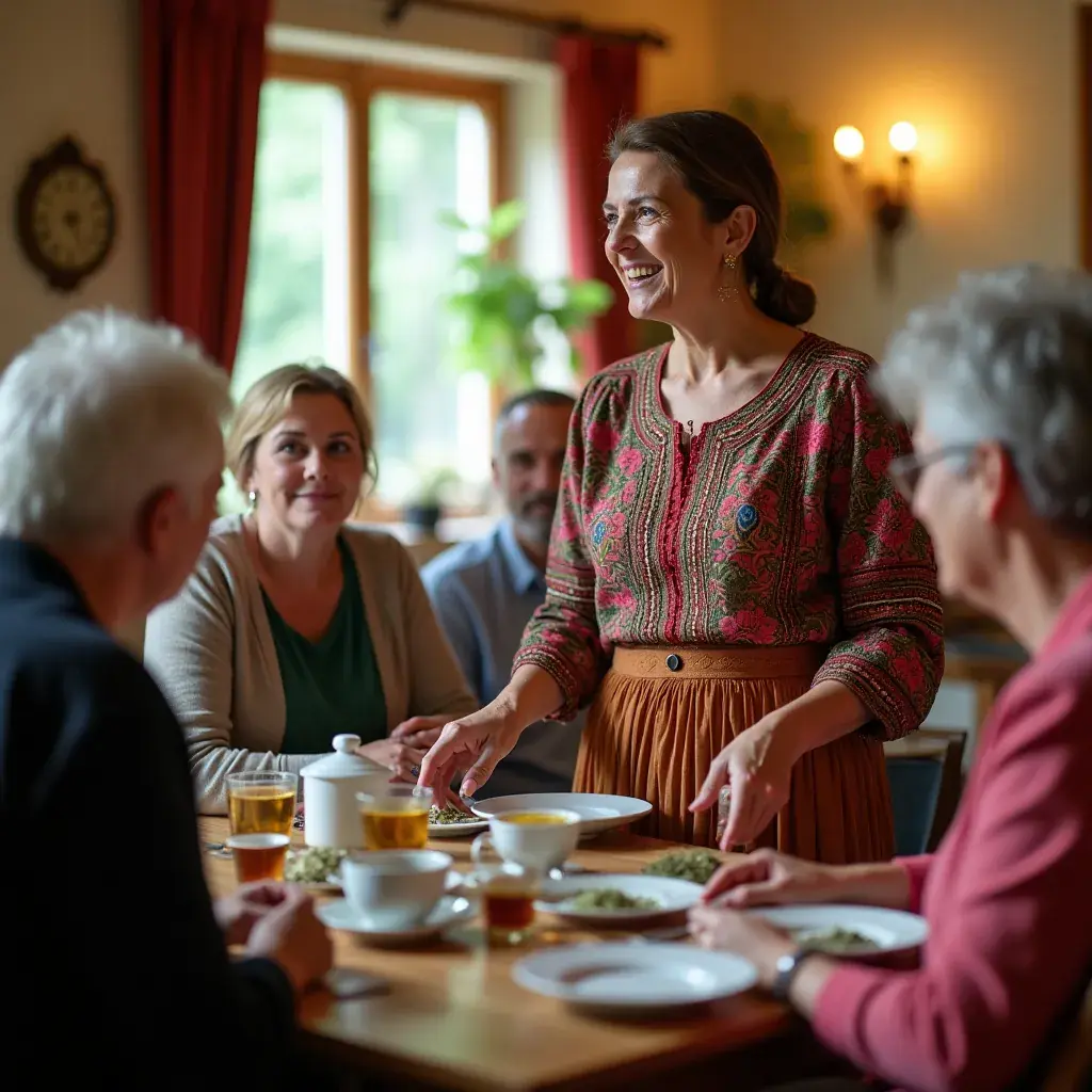 Szívbarát tea és egészséges nassolnivalók egy asztalon, baráti összejövetelen.
